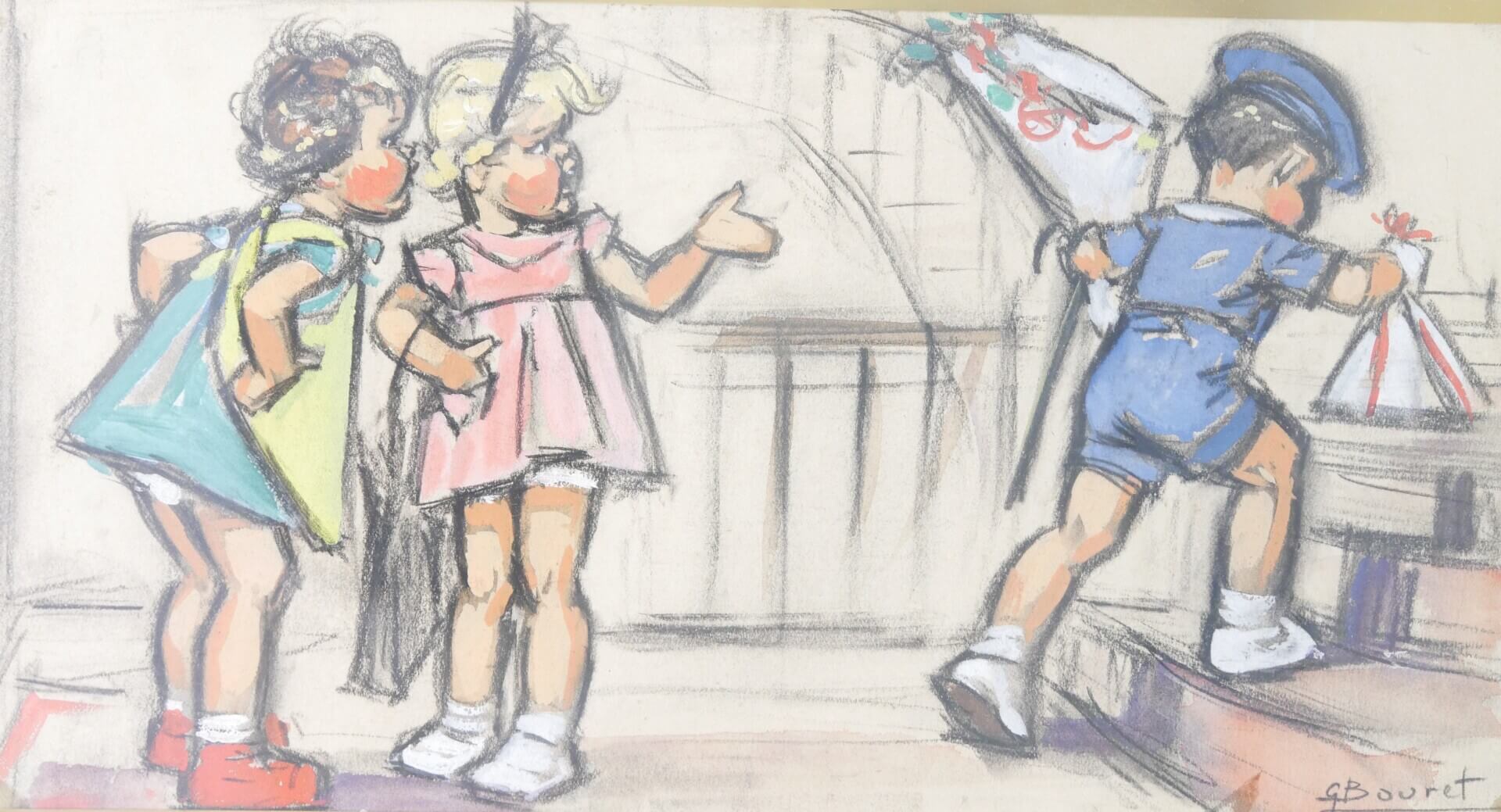 Germaine BOURET Deux petites filles discutant et un petit garçon montant les escaliers - Fusain et gouache sur papier - Signé