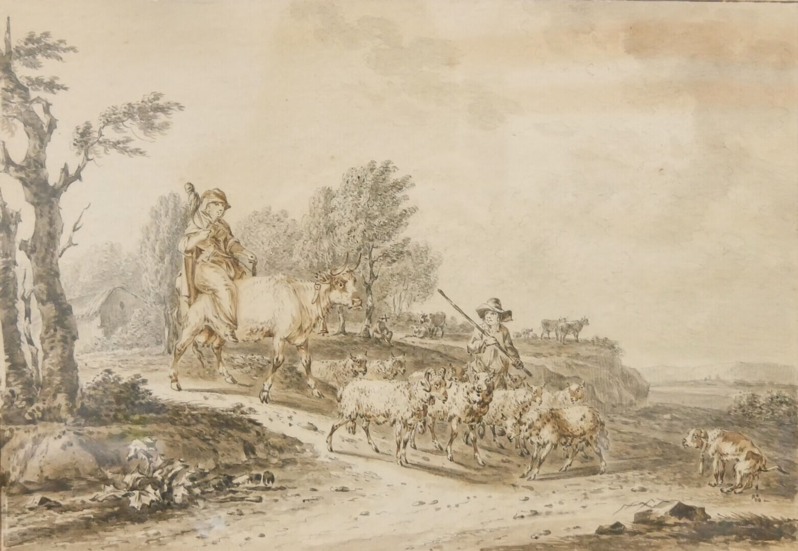 Jacques Philippe LEBAS (1707-1783), attribué à. Berger accompagné menant son troupeau et paysanne à dos de boeuf - Lavis d'encre