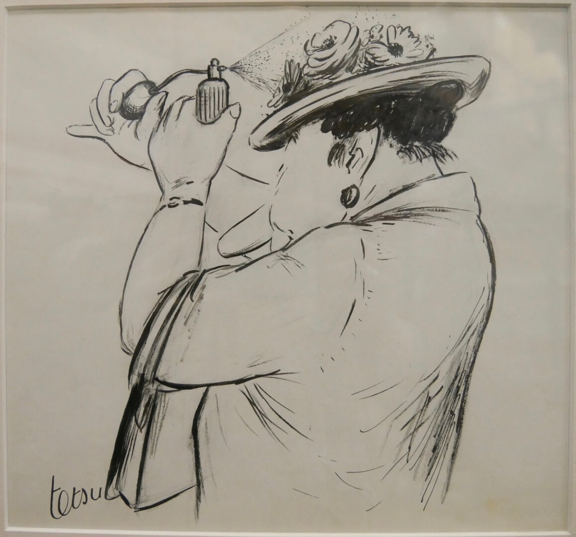 TETSU (1913-2008) Femme se parfumant son chapeau à fleurs Encre sur papier - Signée Testu