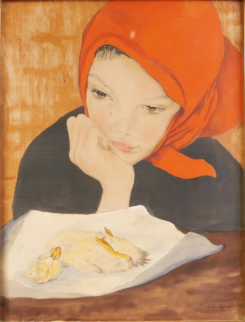 Alix AYME - Jeune femme au caneton - Peinture sur soie